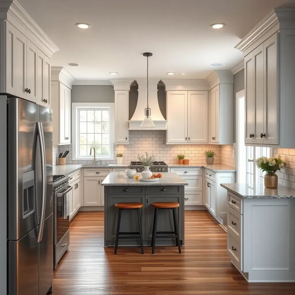Modern Centralia, VA kitchen with white cabinets, quartz countertops, stainless steel appliances, hardwood floors, and greenery.