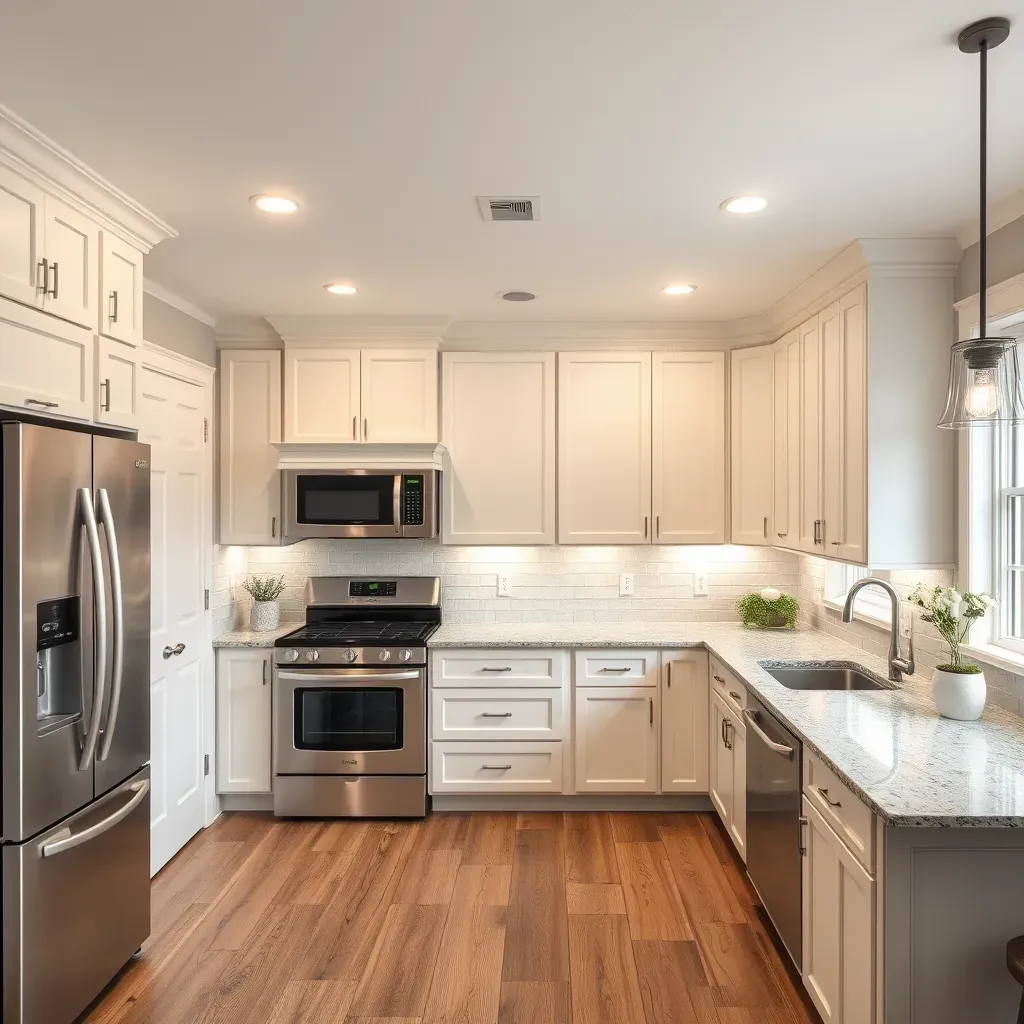 Modern farmhouse kitchen in Cottrell Farms, VA with wooden cabinets, granite counters, stainless appliances, and natural light.