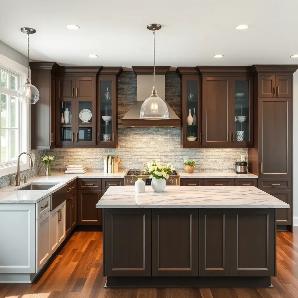 Modern kitchen in Laurel, VA with quartz countertops, walnut cabinets, stainless steel appliances, and natural light.