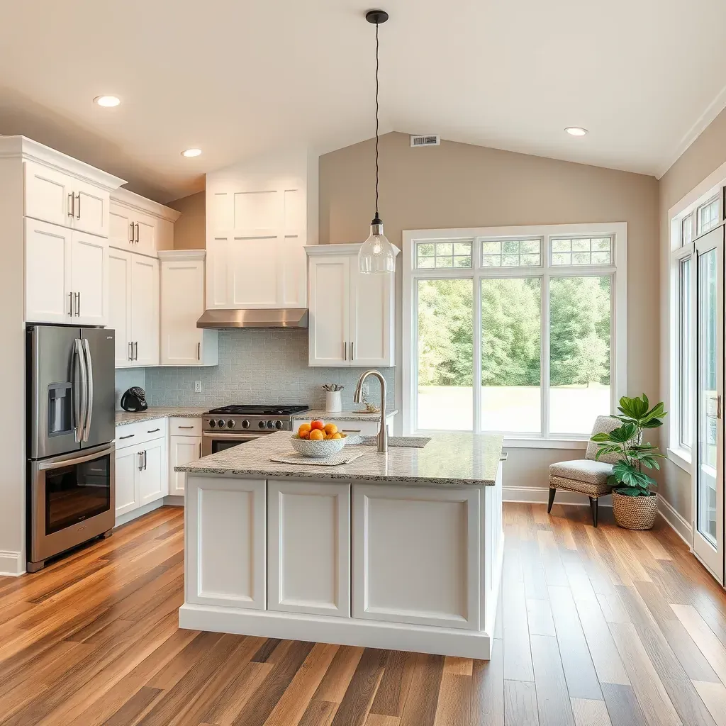 Remodeling in Tuckahoe, VA: modern kitchen with renovated cabinets, stylish lighting, and updated countertops.