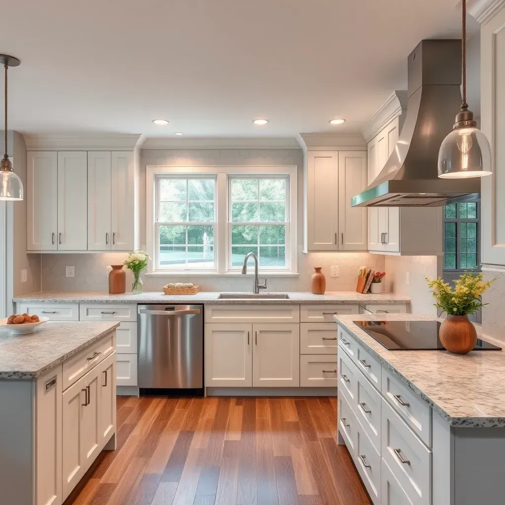 Modern Chesterfield kitchen with granite countertops, taupe cabinets, stainless steel appliances, and large windows.