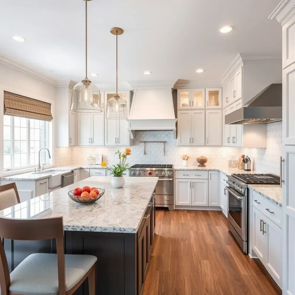 Spacious Bellwood, VA kitchen featuring custom wood cabinets, granite countertops, island with sink, and stainless steel appliances.