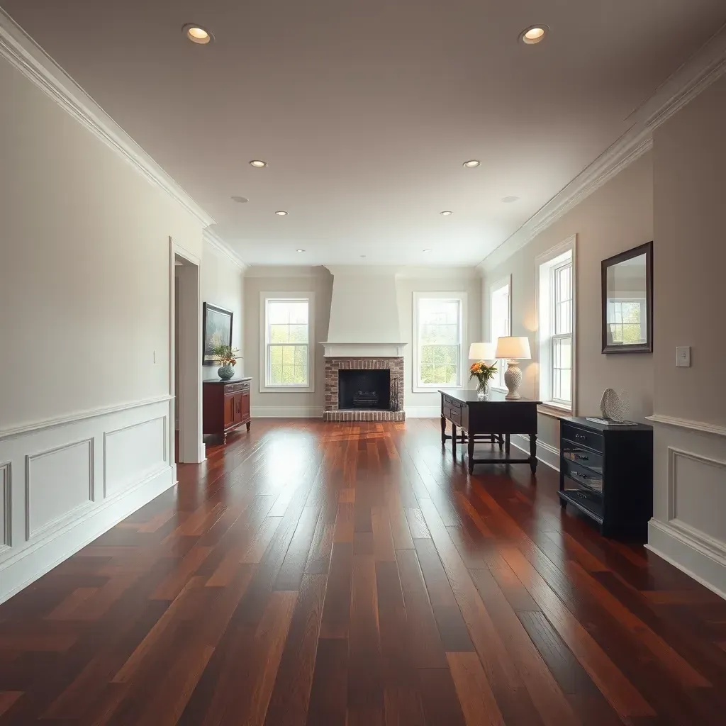 Richmond, VA hardwood flooring with warm tones, detailed grain, polished finish, set in a stylish interior setting.