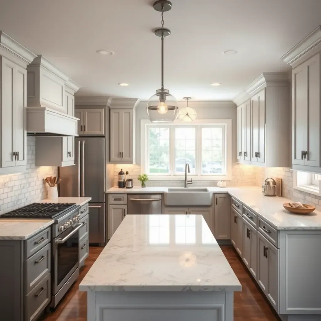 Remodeled Carytown kitchen with quartz countertops, white shaker cabinets, stainless steel appliances, and warm wood flooring.