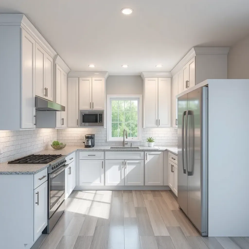 Modern Mechanicsville kitchen with granite countertops, rustic wood cabinets, marble island, stainless steel appliances, and elegant tiled backsplash.