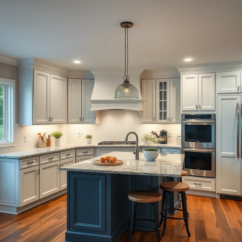Modern kitchen remodel in Mooreland Farms, VA with quartz countertops, shaker cabinets, stainless appliances, and hardwood flooring.