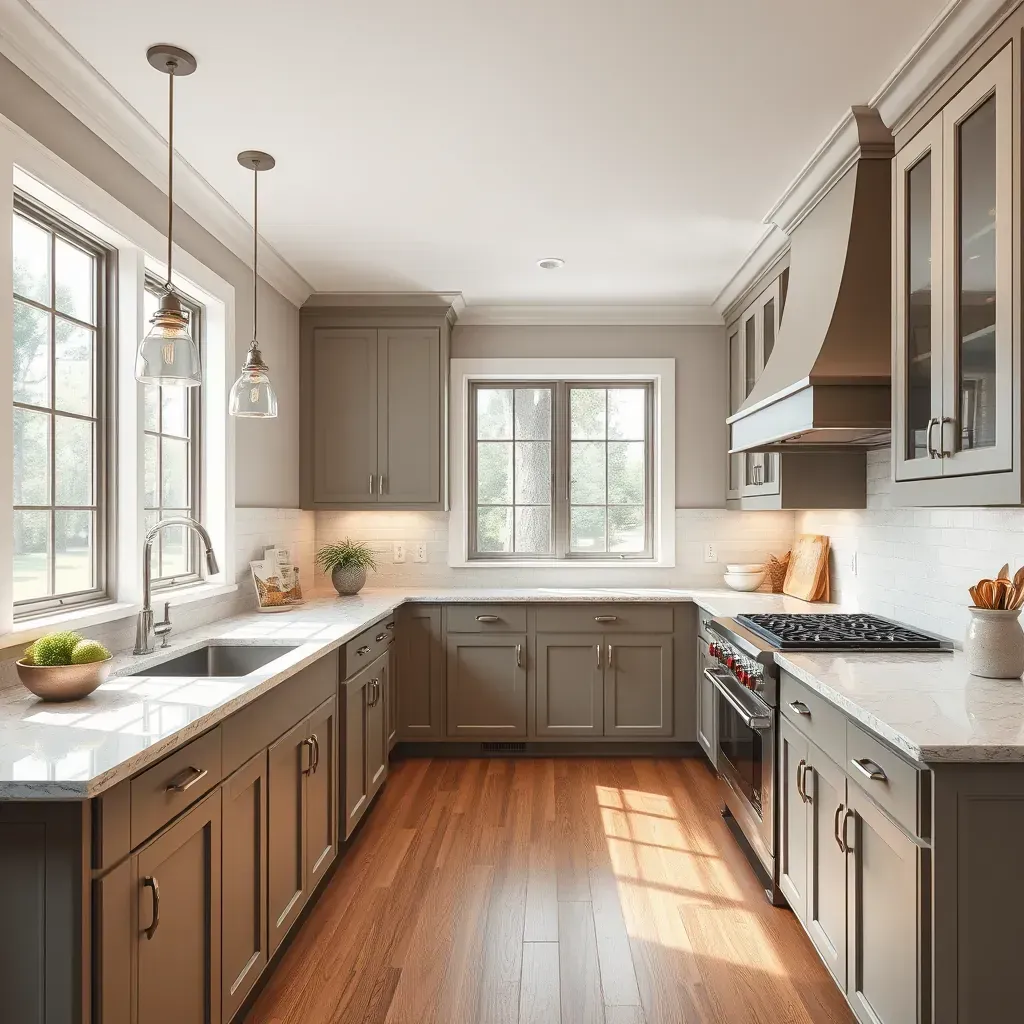 Modern Bensley, VA kitchen renovation with quartz countertops, white cabinets, subway tile backsplash, hardwood floors, and stylish lighting.