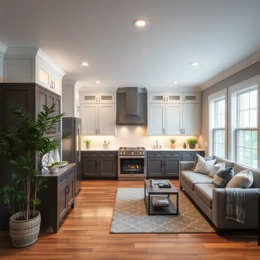 Detailed interior of a renovated home in Henrico, VA, showcasing modern kitchen cabinets, polished hardwood floors, and stylish decor.