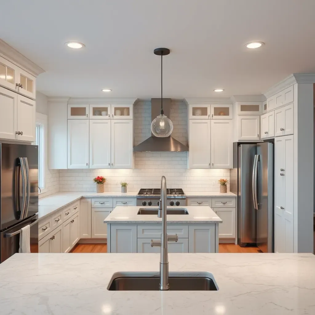 Modern kitchen in Tuckahoe Village VA with granite countertops, custom wood cabinets, pendant lighting, and large windows.