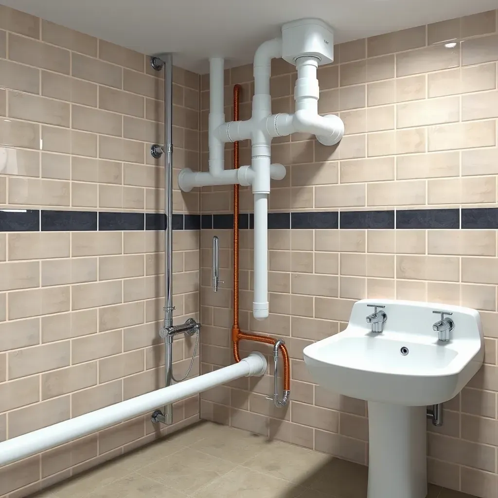 Detailed view of copper plumbing pipes, valves, and joints inside a historic Richmond building with exposed brick walls and natural light.