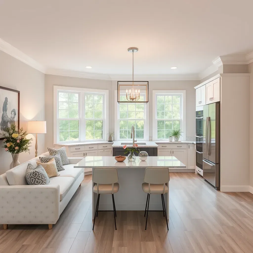 Remodeling project in Moseley, VA featuring a modern kitchen with granite countertops, stainless appliances, and updated cabinetry.