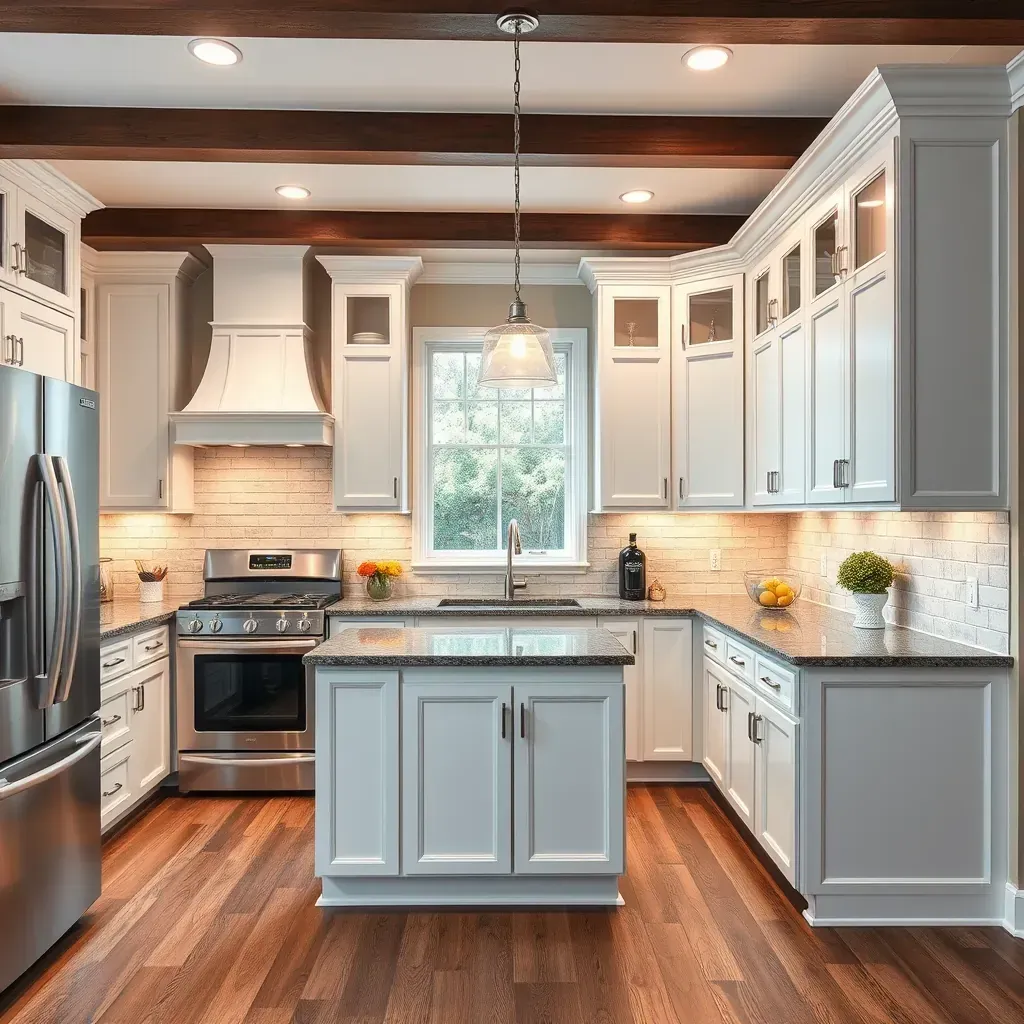 A modern kitchen remodeling in Chester, VA with sleek cabinets, a granite island, stylish lighting, and contemporary decor.