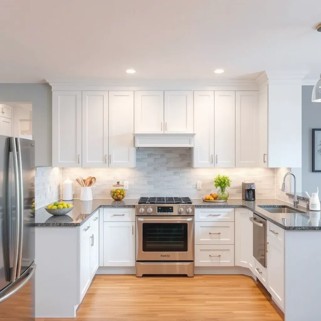 Modern Richmond, VA kitchen with navy blue cabinets, quartz countertops, stainless steel appliances, hardwood floors, and large windows.