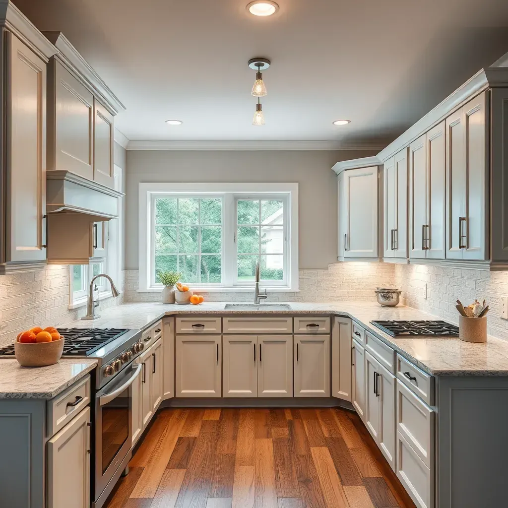 Modern Innsbrook kitchen with white and wooden cabinets, quartz countertops, stainless appliances, large island, and natural light.