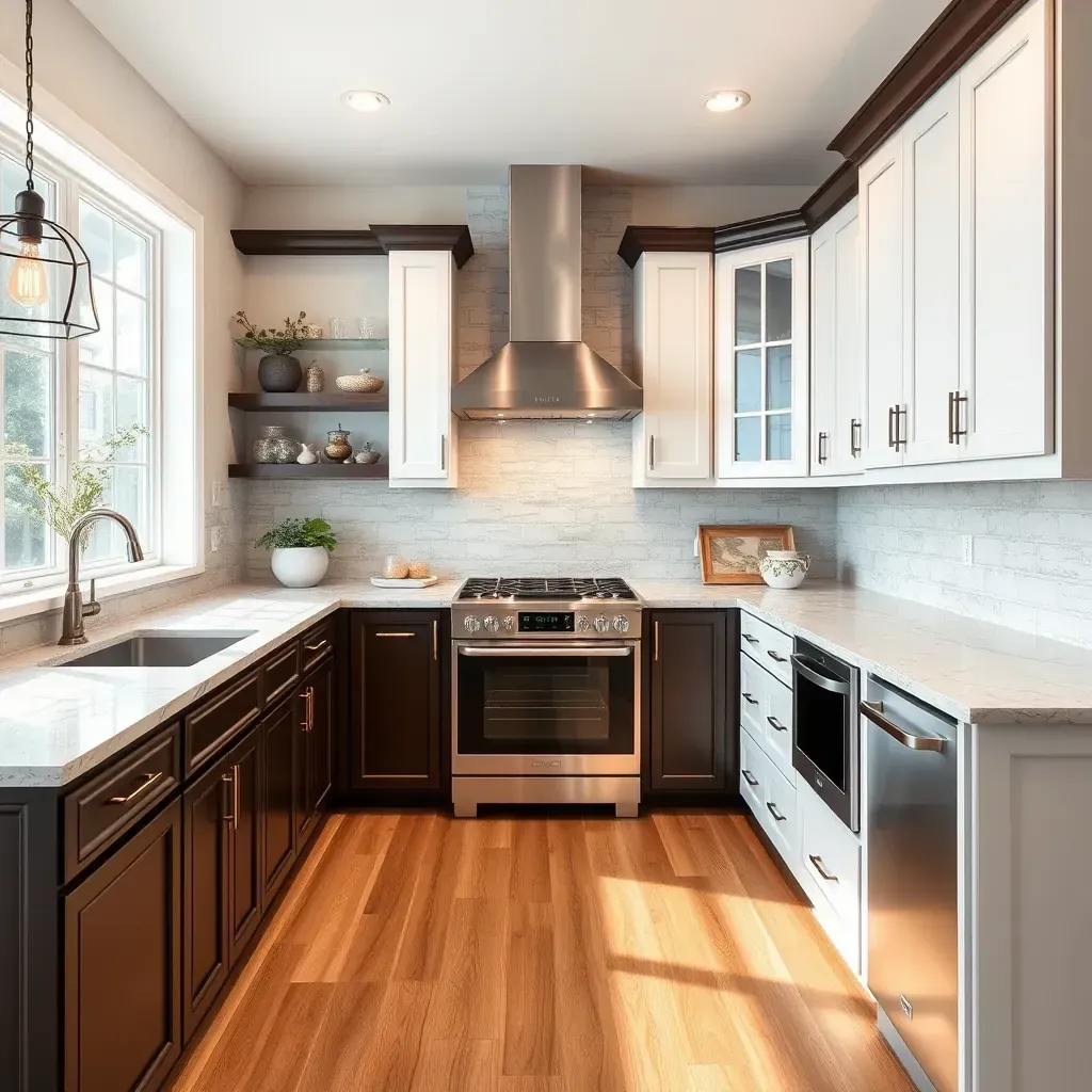 Modern Stratford Hills kitchen with white quartz countertops, walnut cabinets, stainless appliances, and natural light.