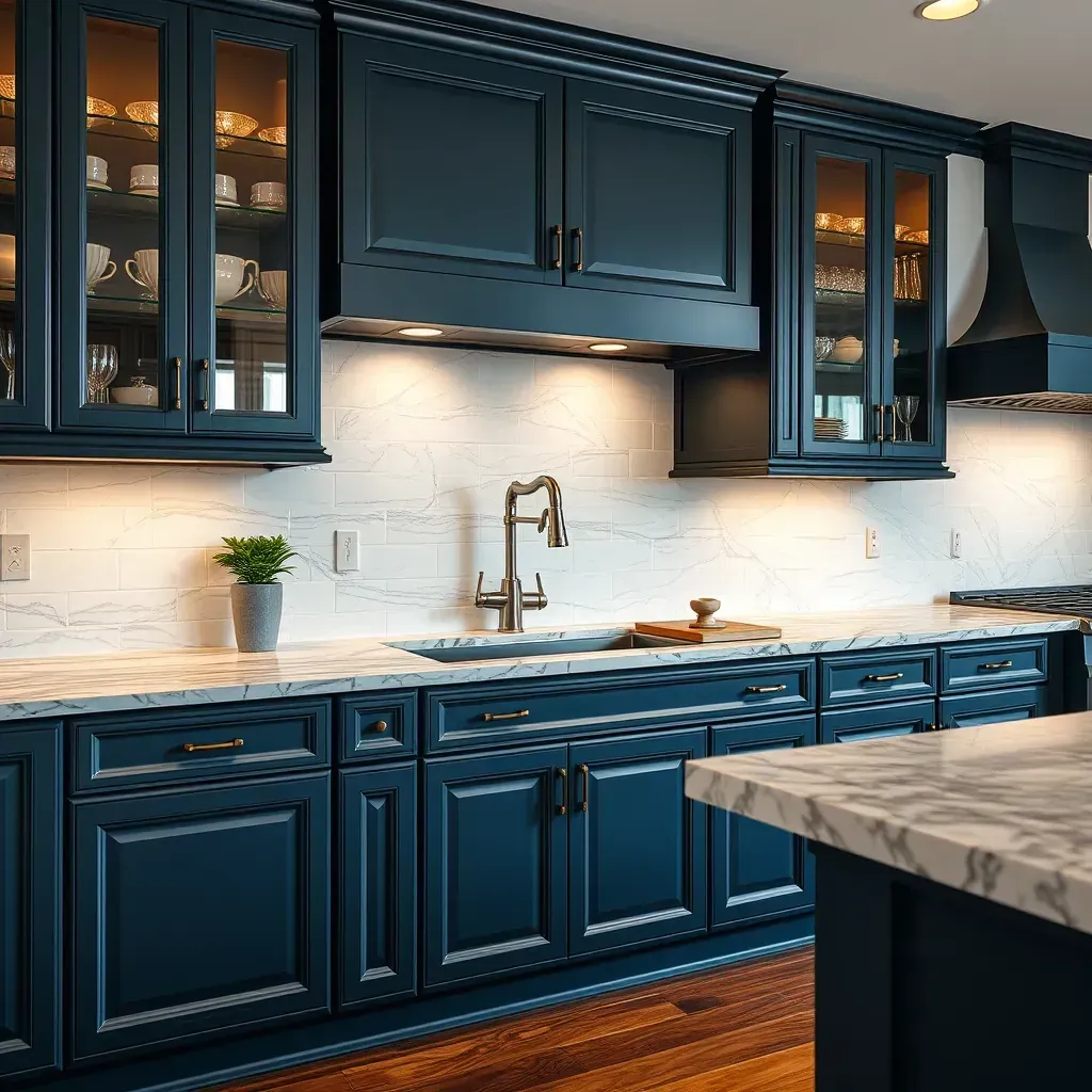 Richmond, VA kitchen with polished granite countertops featuring deep blue, gold, and white veining, modern appliances, and gray cabinetry.