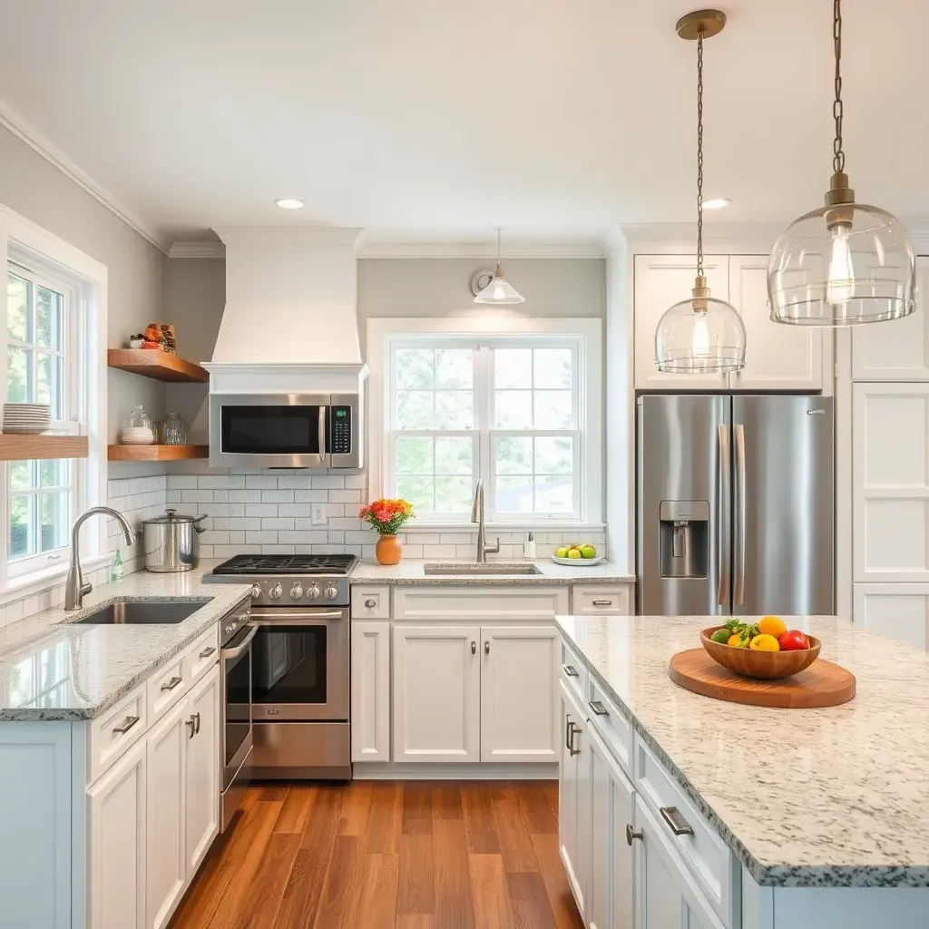 Stony Point, VA kitchen remodel with modern cabinets, granite counters, stylish backsplash, and bright lighting.