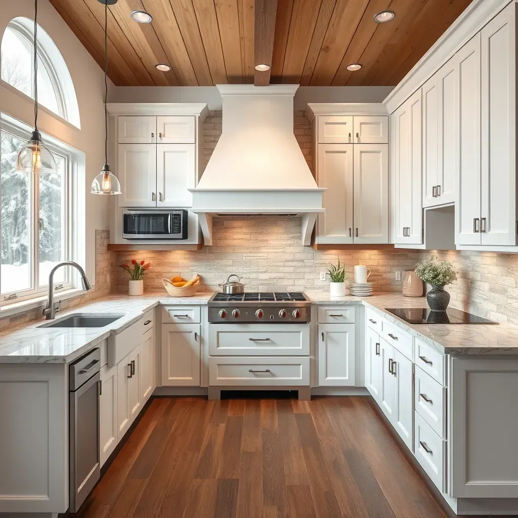 Modern Winterpock, VA kitchen with sleek cabinetry, quartz countertops, stainless steel appliances, and cozy snow-view.