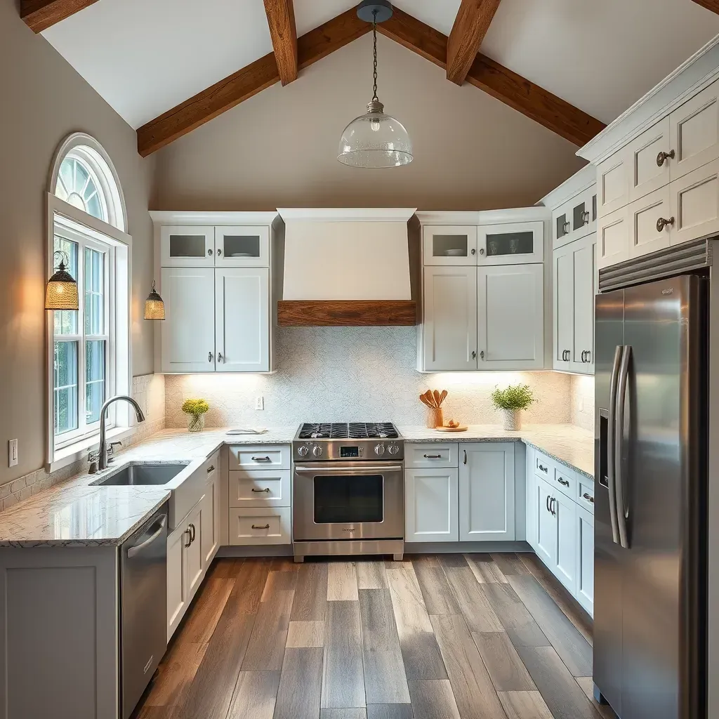 A modern kitchen remodel in The Grove, VA featuring sleek cabinets, granite counters, and stylish lighting.