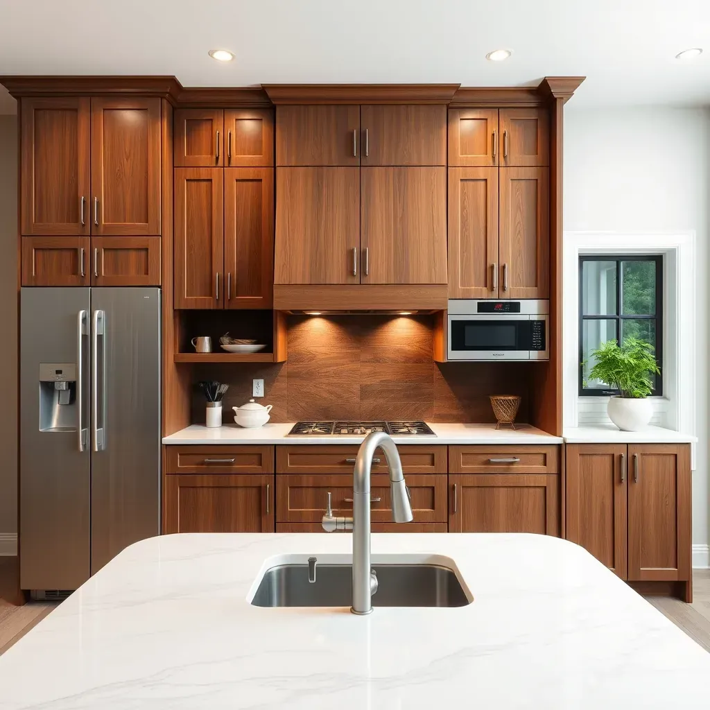 Elegant Richmond kitchen cabinetry with modern handleless design, rich wood textures, soft-close hinges, and natural sunlight.