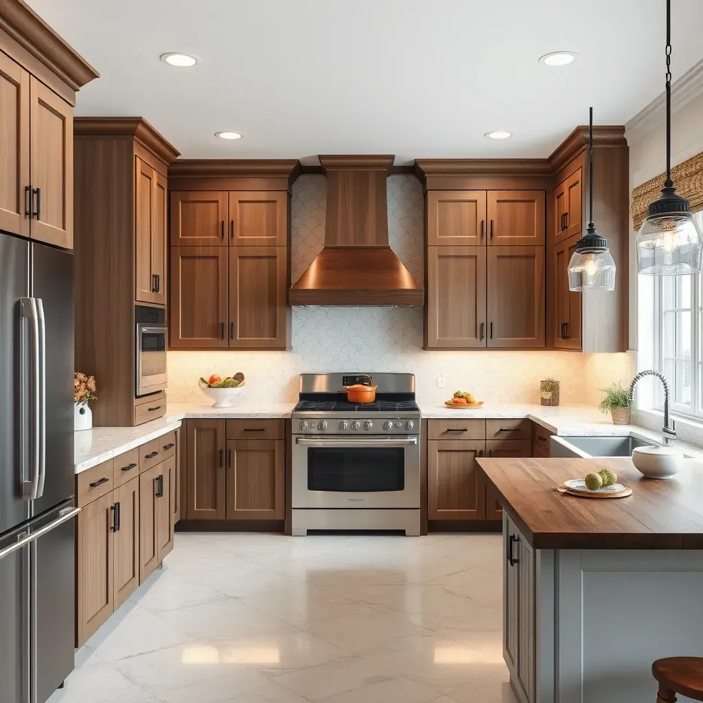 Modern kitchen in The Highlands, VA with wood cabinets, white quartz countertops, island, stainless appliances, large windows.