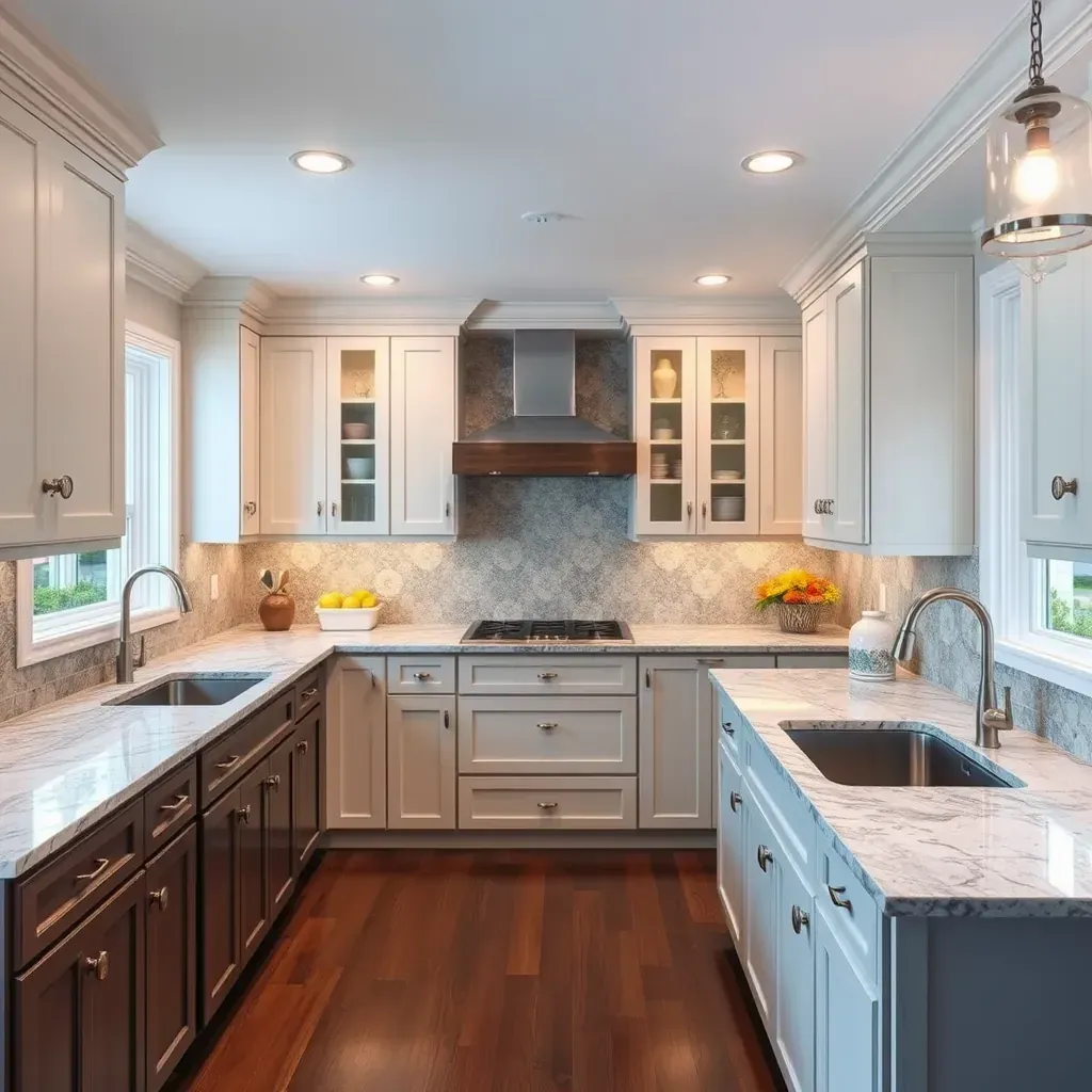 Modern Midlothian, VA kitchen with quartz counters, white and wood cabinets, pendant lights, stainless appliances, subway tile, and natural light.