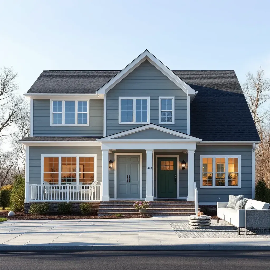 Remodeled Glen Allen VA home exterior with white siding, dark gray stone accents, black-trim windows, wood porch, and landscaping.