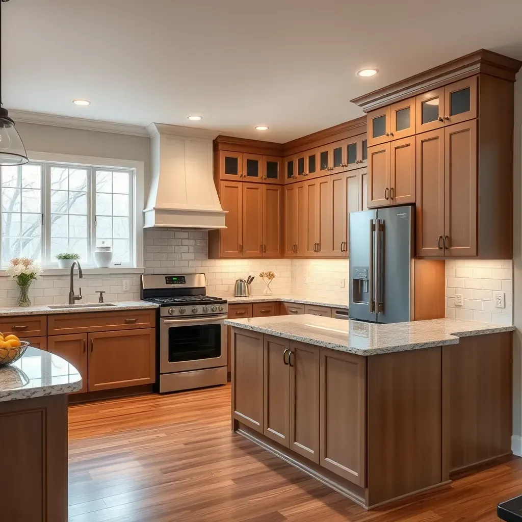 A modern kitchen remodel in Tarrington, VA with sleek cabinets, stainless steel appliances, and elegant lighting.