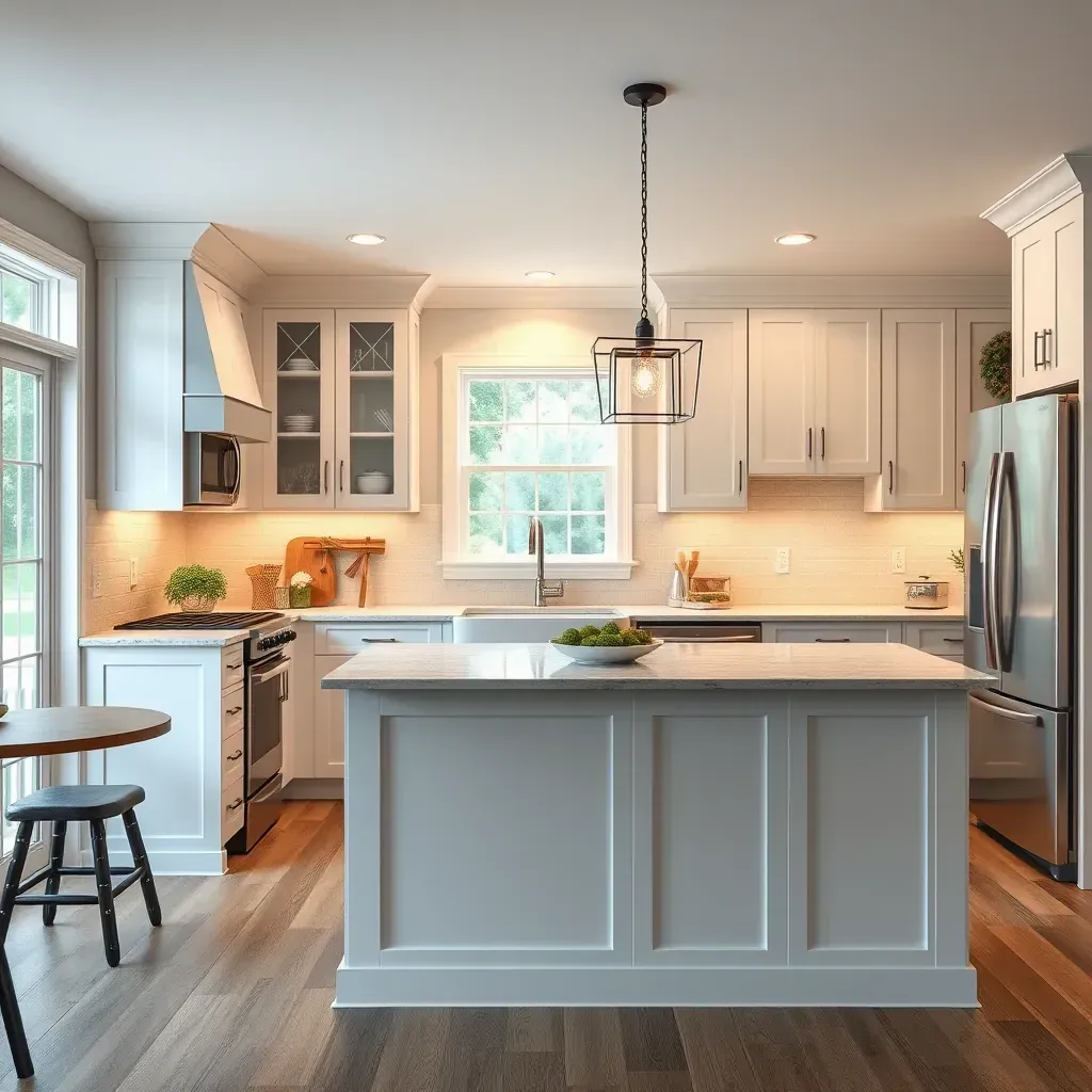 Modern Magnolia Green, VA kitchen with beige shaker cabinets, quartz countertops, herringbone backsplash, island, stainless appliances.