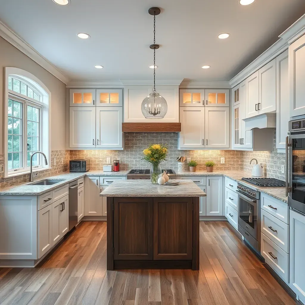 Spacious Centralia, VA kitchen with dark wood cabinets, quartz countertops, stainless appliances, hardwood floors, and lush views.