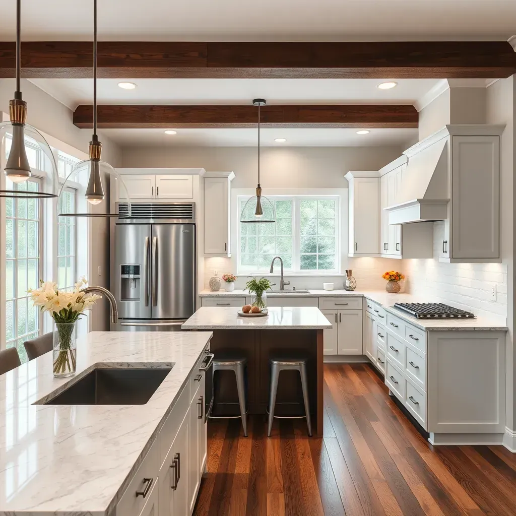 Modern Meadowbrook kitchen with white cabinets, quartz countertops, stainless steel appliances, hardwood floors, and natural light.