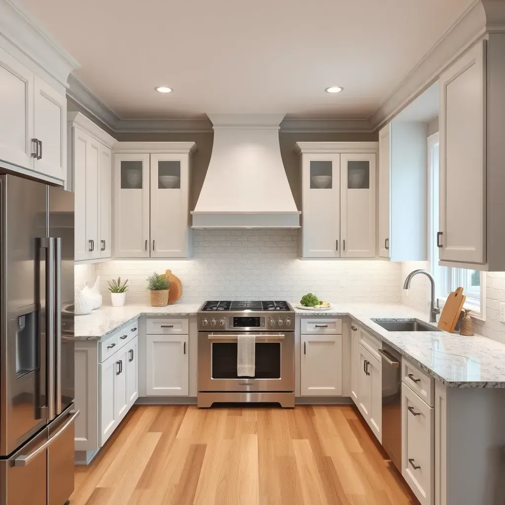 Modern Wilkinson Terrace, VA kitchen with sleek cabinetry, quartz countertops, subway tile backsplash, island, stainless appliances, and hardwood flooring.