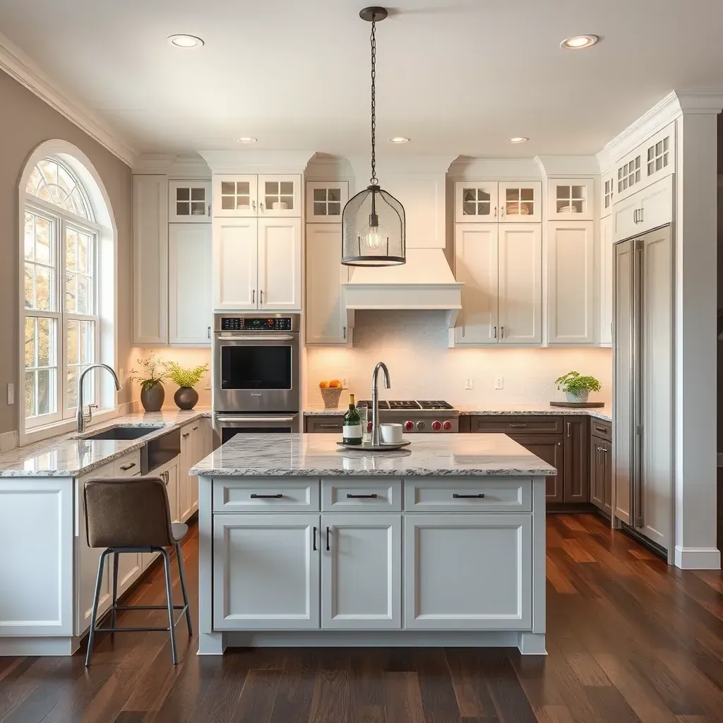 Charming Autumn Oaks, VA kitchen with white cabinetry, quartz countertops, stainless steel appliances, and autumn foliage view.