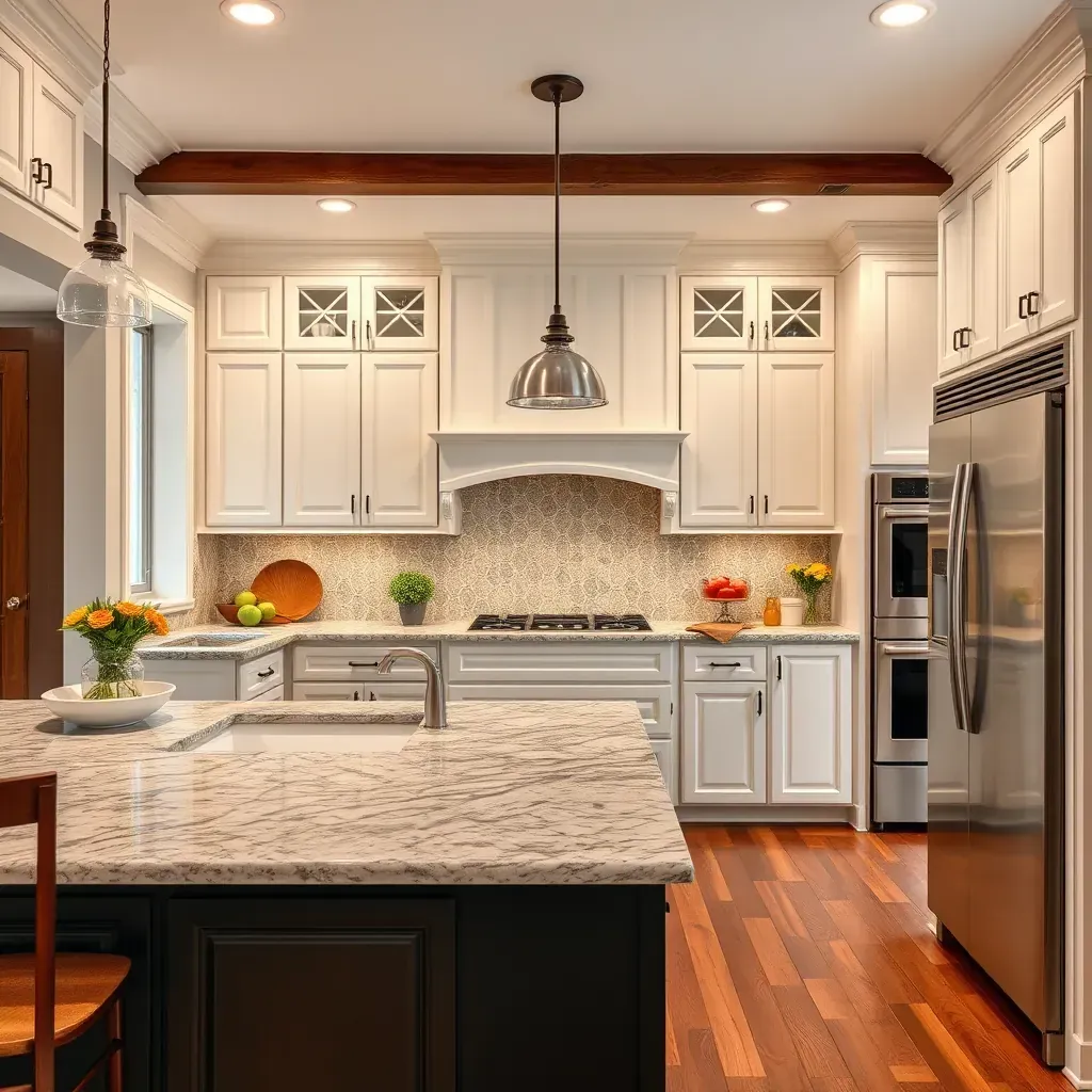 Remodeled Tarrington, VA kitchen with white shaker cabinets, granite countertops, farmhouse sink, stainless steel appliances, and warm hardwood floors.