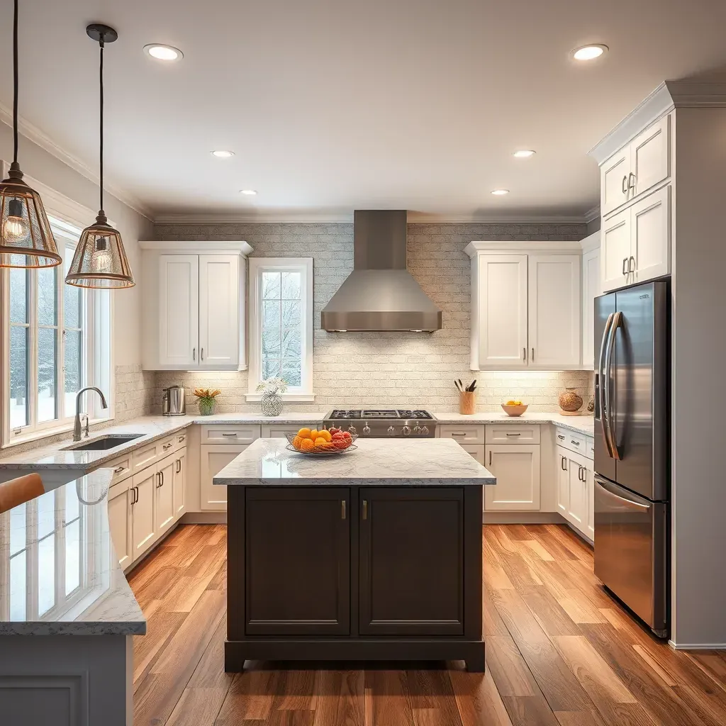 Modern kitchen in Winterpock, VA with neutral cabinets, wooden countertops, large windows, snow scene, hardwood floors, and stainless steel appliances.