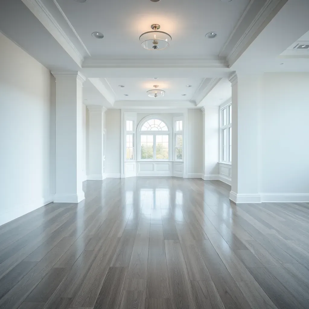A detailed scene of elegant hardwood flooring in a stylish Richmond, VA home interior, showcasing warm wood tones and polished finish.