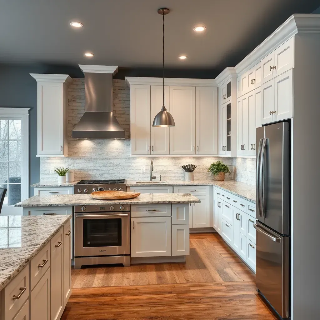 Modern Highlands, VA kitchen with navy cabinets, quartz counters, white subway tile, stainless appliances, island, and natural light.