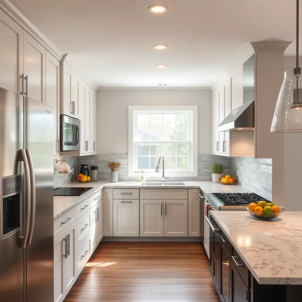 Modern Richmond kitchen with white quartz counters, maple cabinets, stainless steel appliances, granite island, and subway tile backsplash.