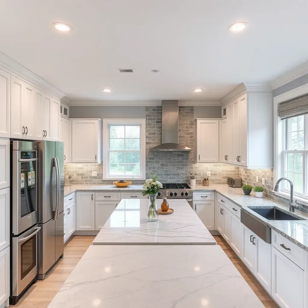 Modern Innsbrook, VA kitchen with white cabinets, stainless appliances, quartz countertops, island, subway tiles, & natural light.