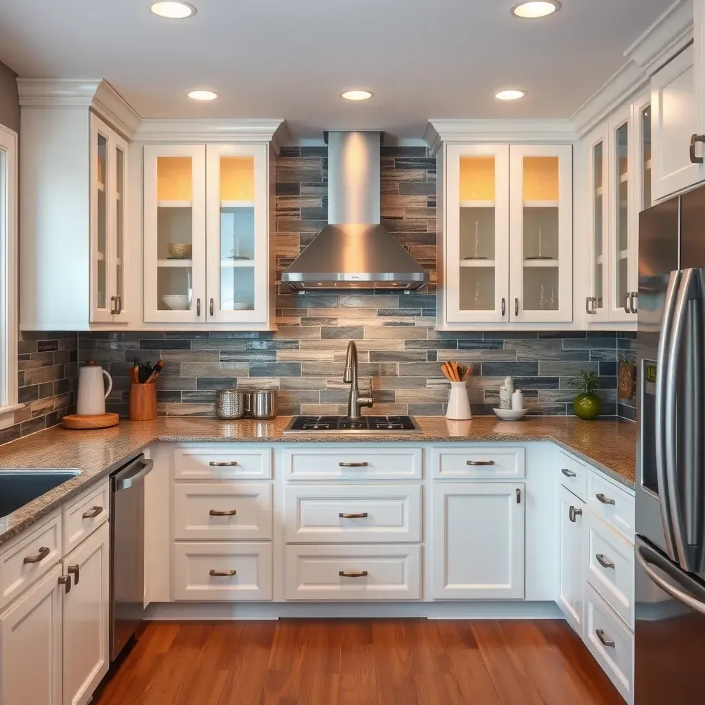 Remodeled Stony Point, VA kitchen with white cabinets, quartz countertops, dark wood island, mosaic backsplash, and natural light.