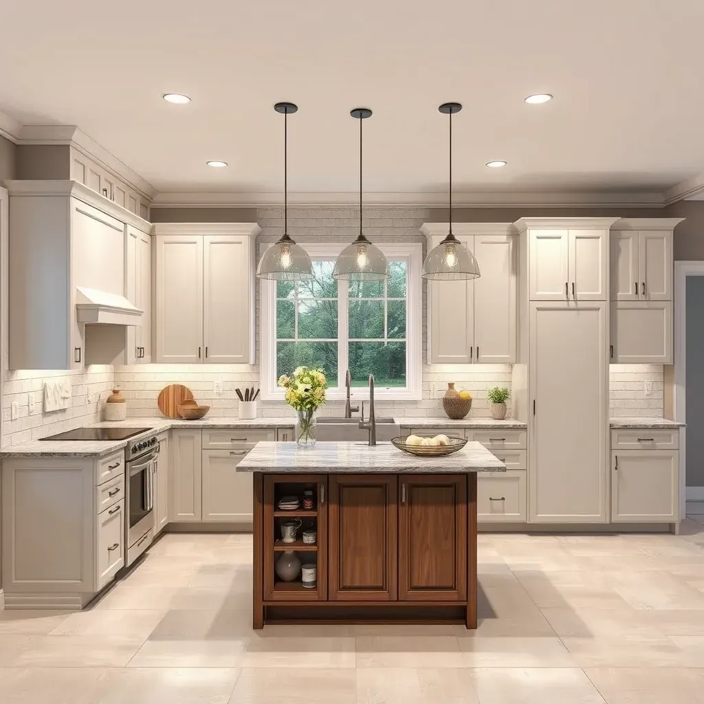 Modern Glen Allen, VA kitchen with quartz countertops, central island, custom taupe cabinetry, stainless steel appliances, and warm hardwood floors.