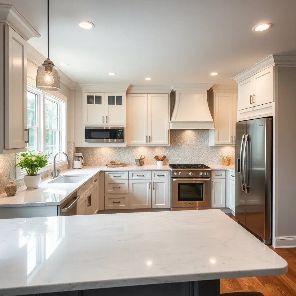 Modern Stratford Hills kitchen with quartz countertops, white cabinetry, subway tile backsplash, hardwood floors, and large windows.