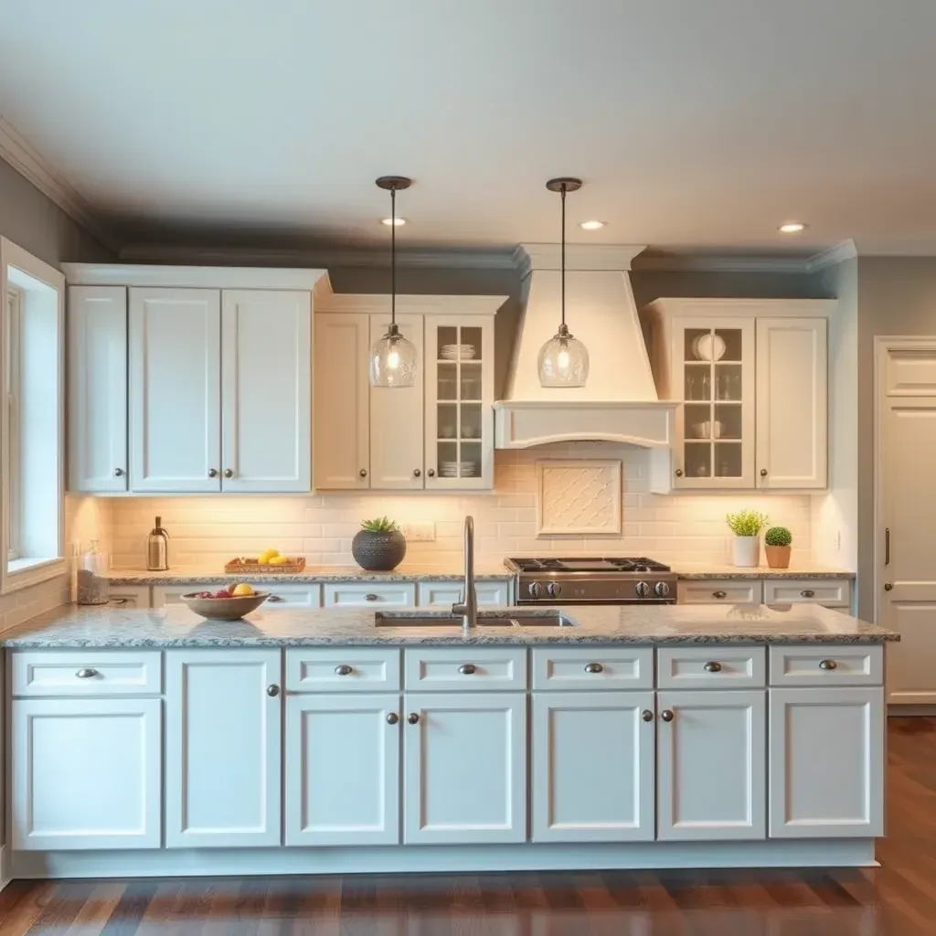 Spacious Windsor Hills, VA kitchen with gray shaker cabinets, white quartz countertops, stainless steel appliances, hardwood floors, and natural light.