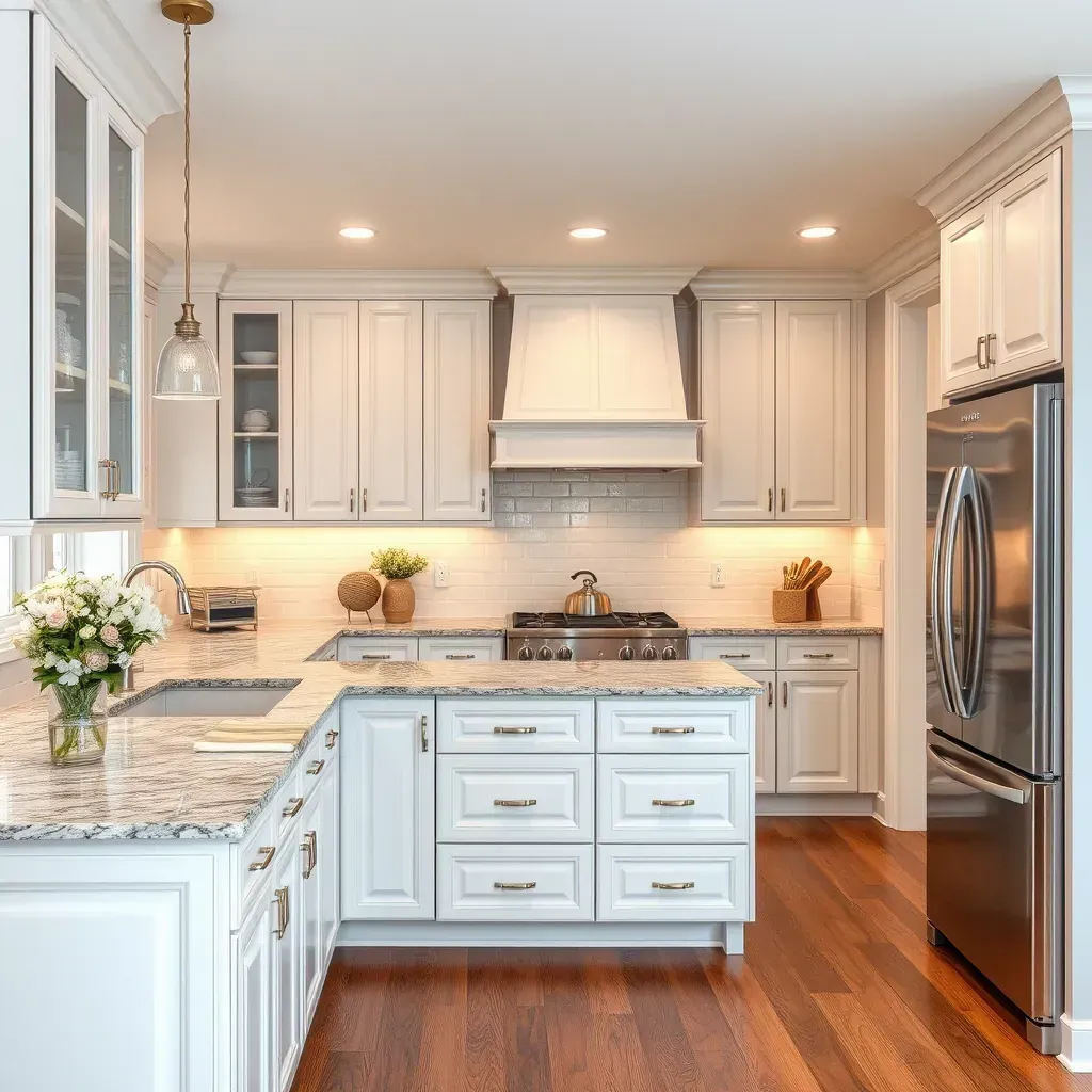 Modern Henrico, VA kitchen with quartz countertops, white shaker cabinets, stainless steel appliances, and hardwood flooring.
