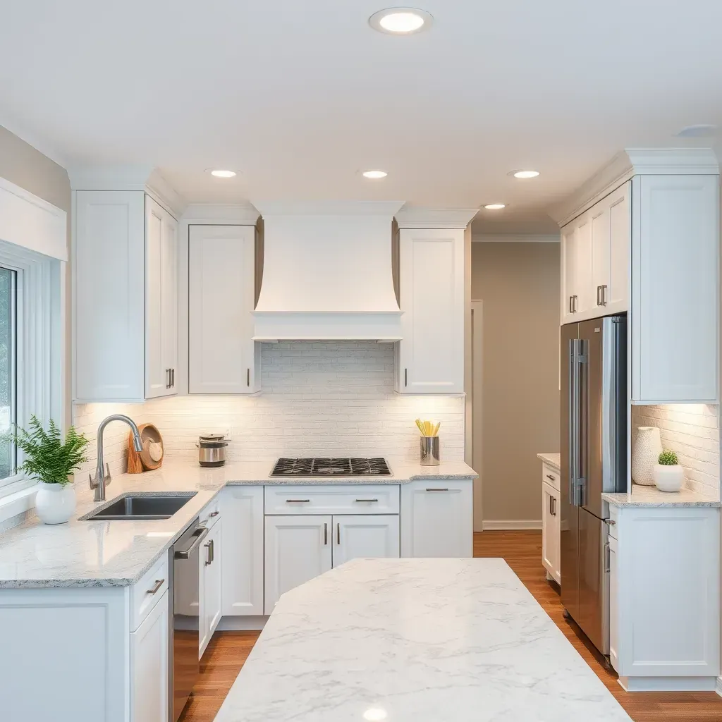 Modern kitchen remodel in Henrico, VA with sleek wood cabinets, white quartz counters, black hardware, pendant lighting, and stainless steel appliances.