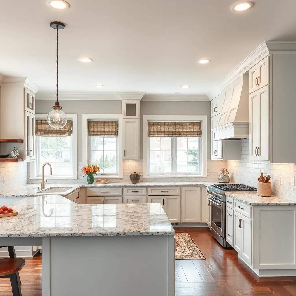 Modern Stony Point, VA kitchen featuring white shaker cabinets, green-gray backsplash, quartz counters, stainless appliances, and hardwood flooring.