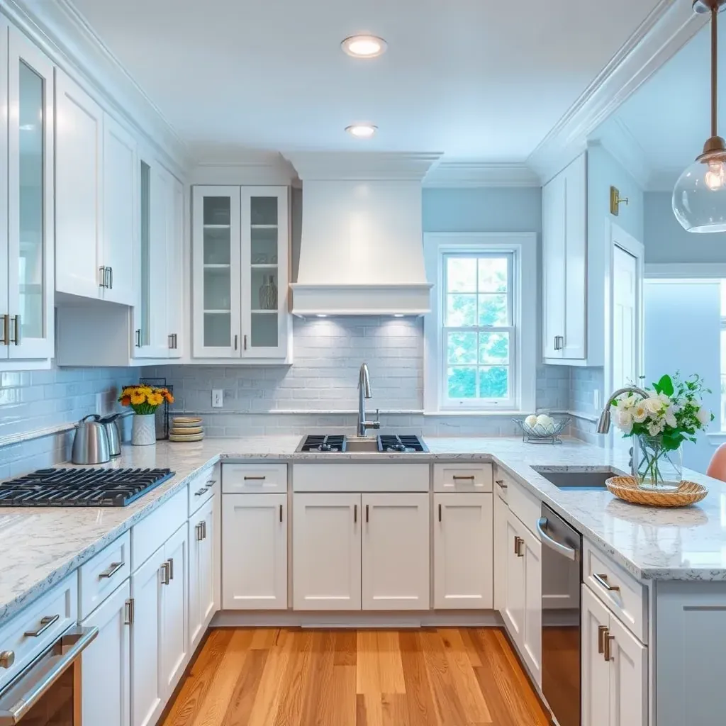 Remodeled kitchen in The Fan District, VA featuring brick walls, white cabinets, quartz counters, island with seating, stainless appliances, and hardwood floors.
