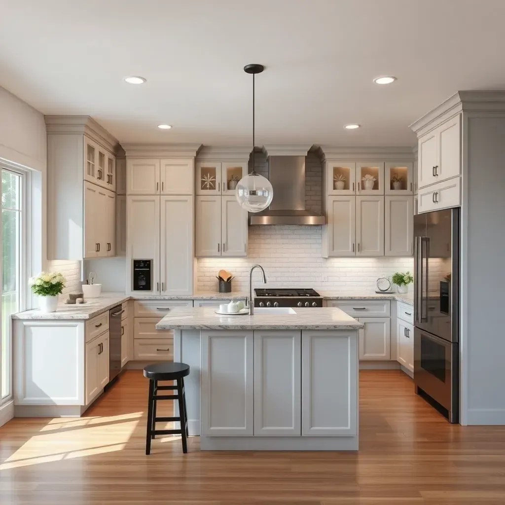 Modern Meadowbrook kitchen with quartz counters, white cabinetry, stainless appliances, hardwood floors, and natural light.