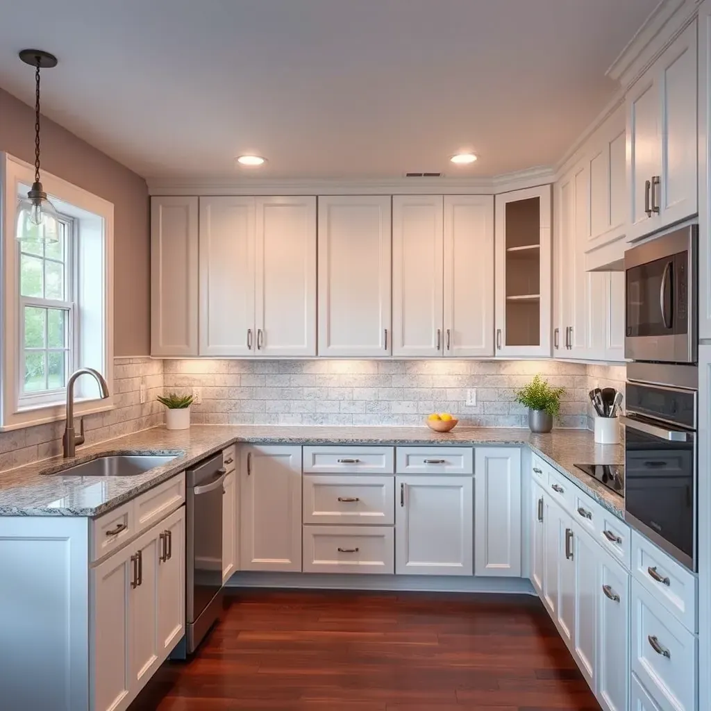 Beautiful Chester, VA kitchen featuring modern beige cabinets, stainless steel appliances, quartz countertops, and hardwood floors.