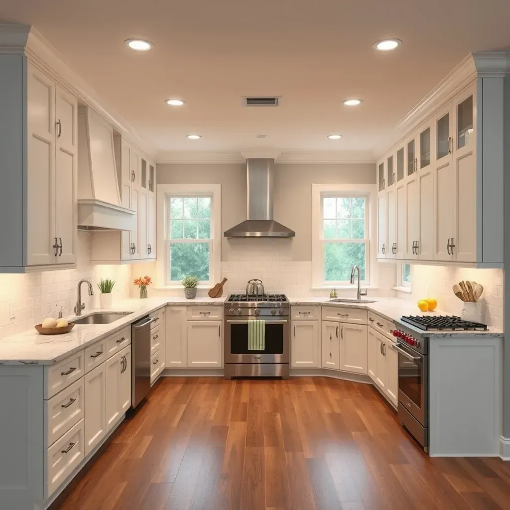 Modern Mooreland Farms kitchen with granite countertops, custom wood cabinets, marble island, stainless appliances, and natural light.